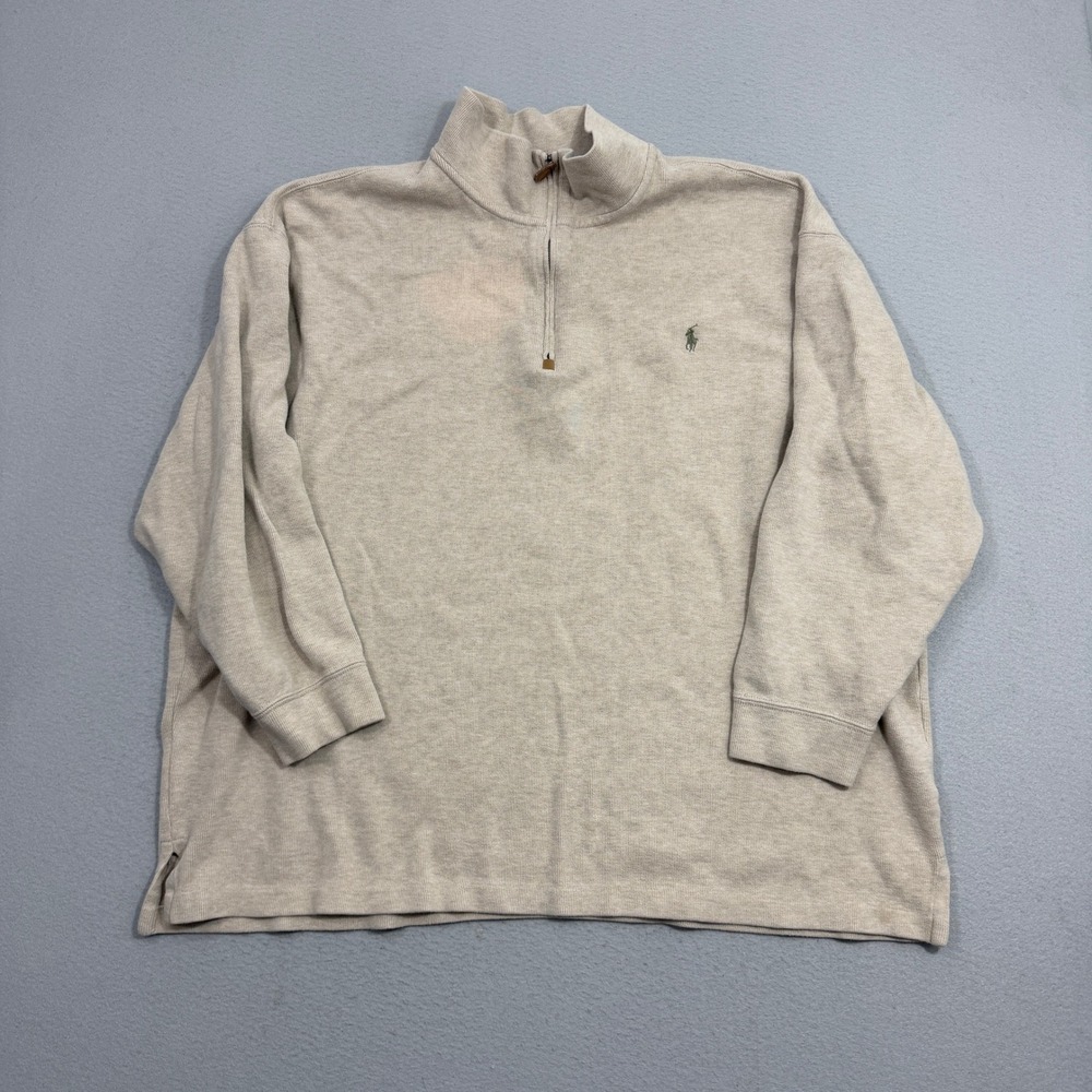 Polo Ralph Lauren Pullover Men 3XB Beige Quarter Zip Ribbed Cotton Pony Logo